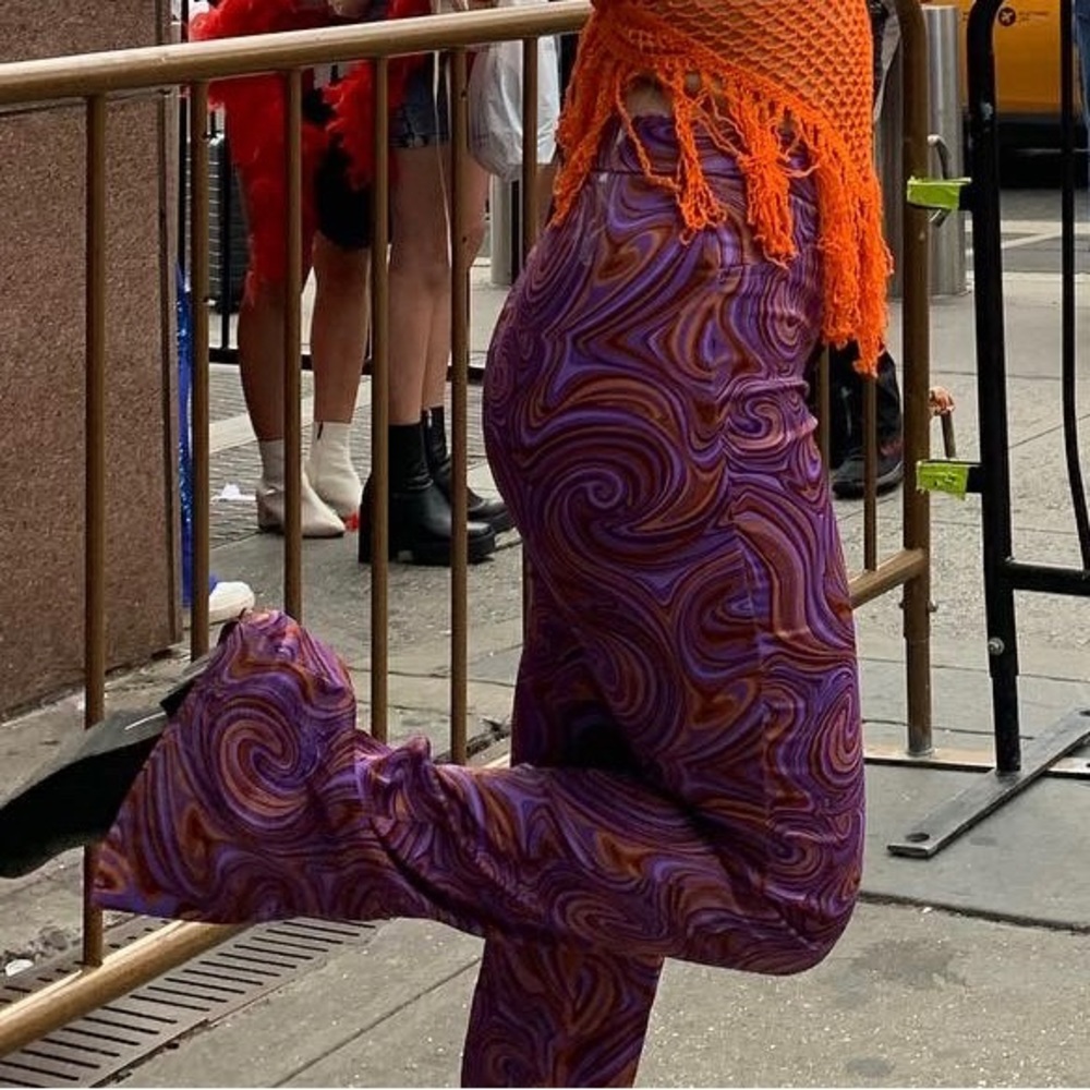 Zara swirl flare pants. Purple and orange starry night pattern.